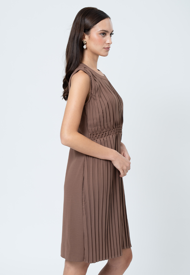 Isolde Pleated Sleeveless Shift Dress with Embroidery Waist Detail