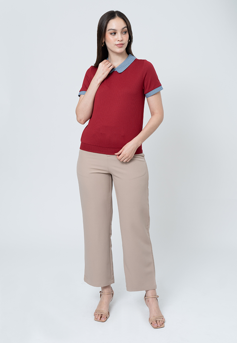 Kambria Knitted Top with Embroidered Collar and Contrast Sleeve Cuffs