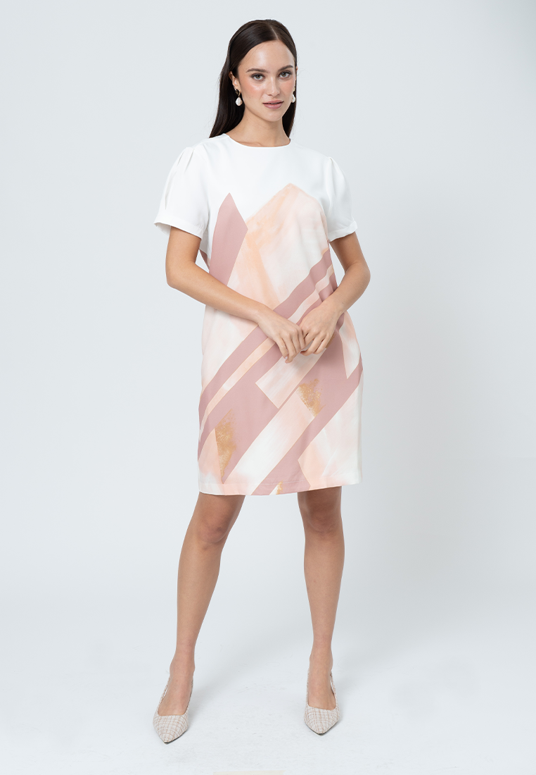 Verity Round Neck Geometric Printed Shift Dress with Semi-Gathered Short Sleeve