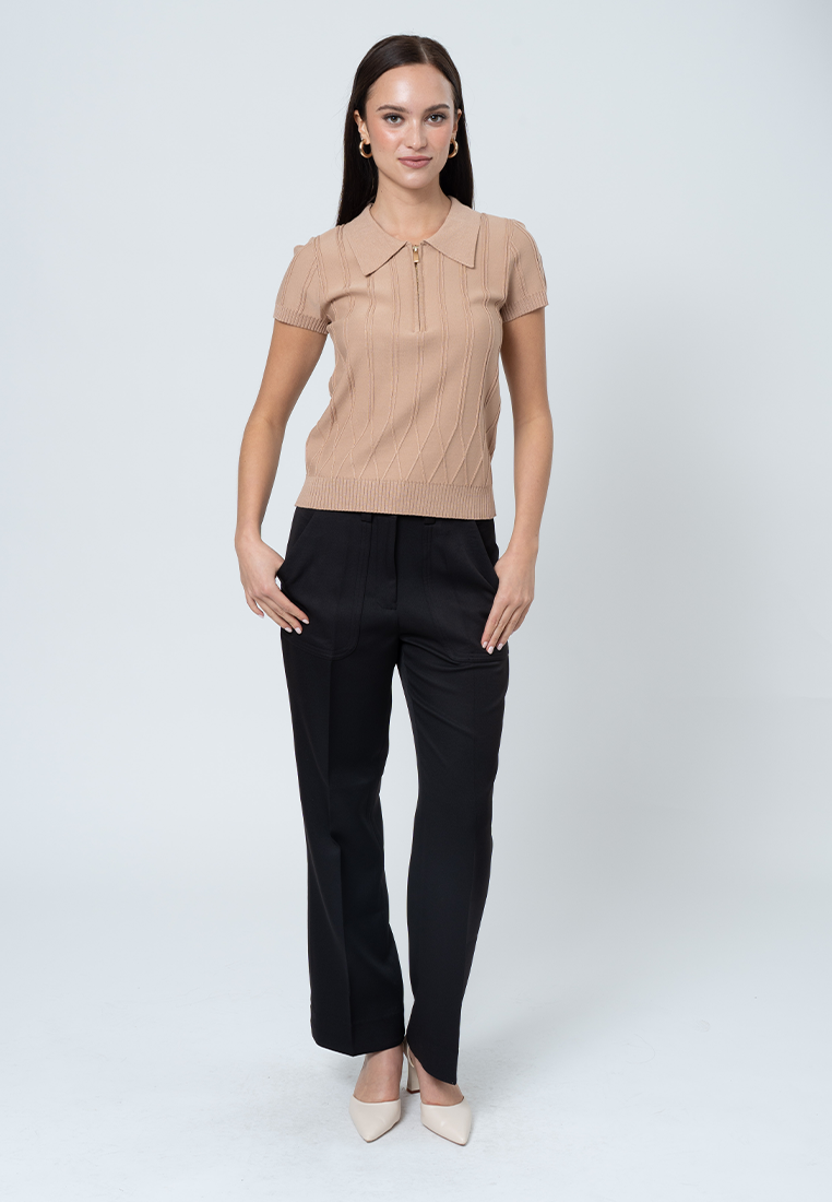 Mireille Collared Knit Top with Embossed Lines and Zipper Placket