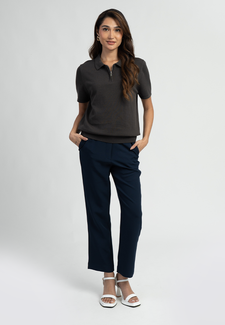 Elisse Collared Solid Knit Zip-Up Top