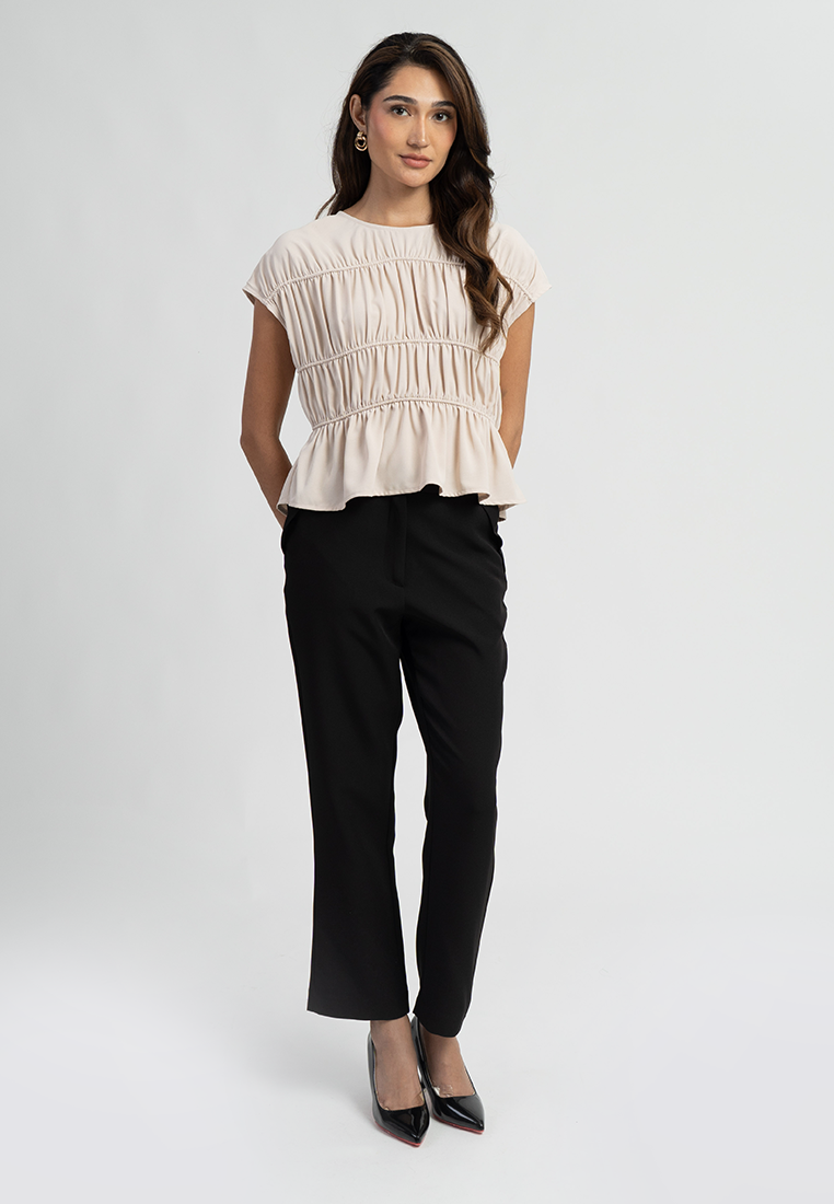 Liora Cap Sleeves Ruched Round Neck Peplum Top