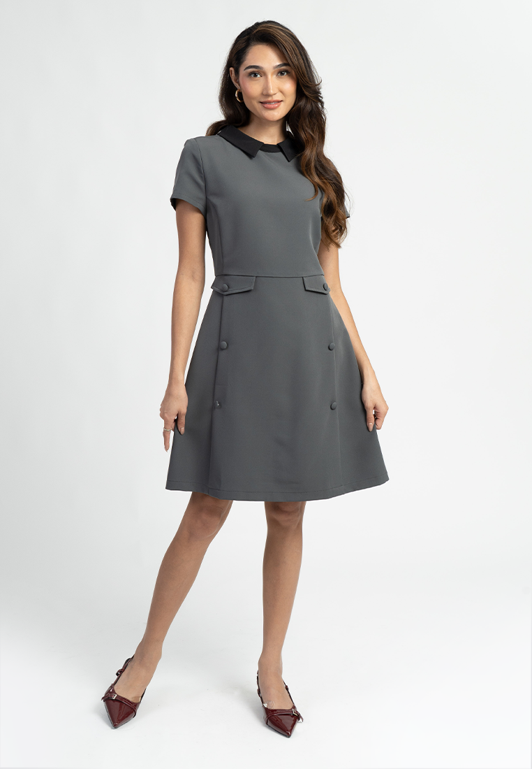 Ayla Short Sleeves Contrast Collar A-Line Midi Dress