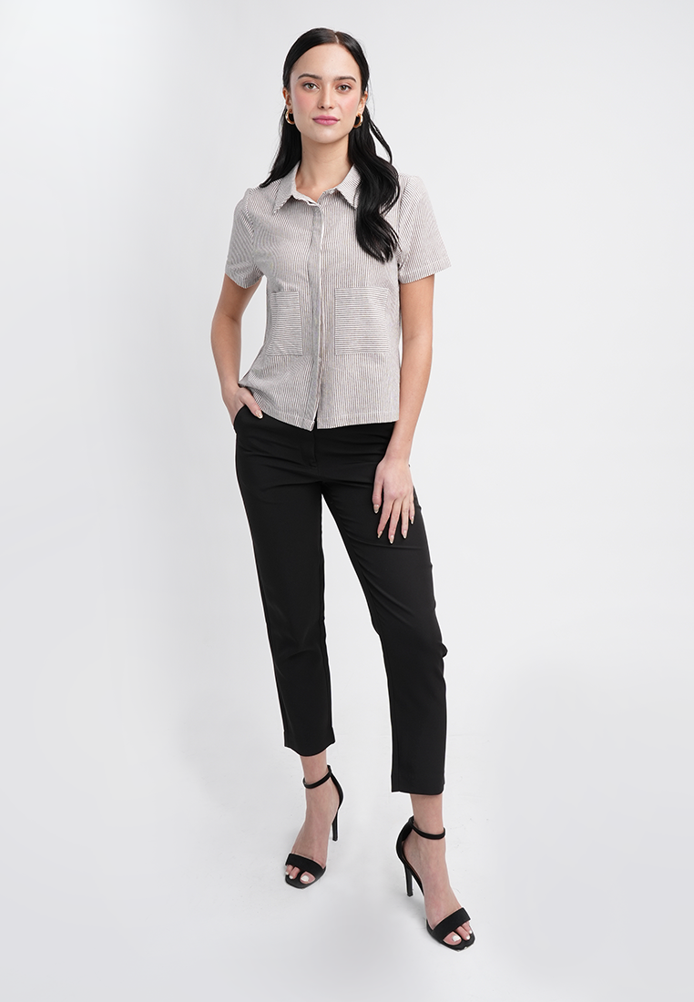 Emma Short Sleeve Striped Collared Button-Up Top Blouse