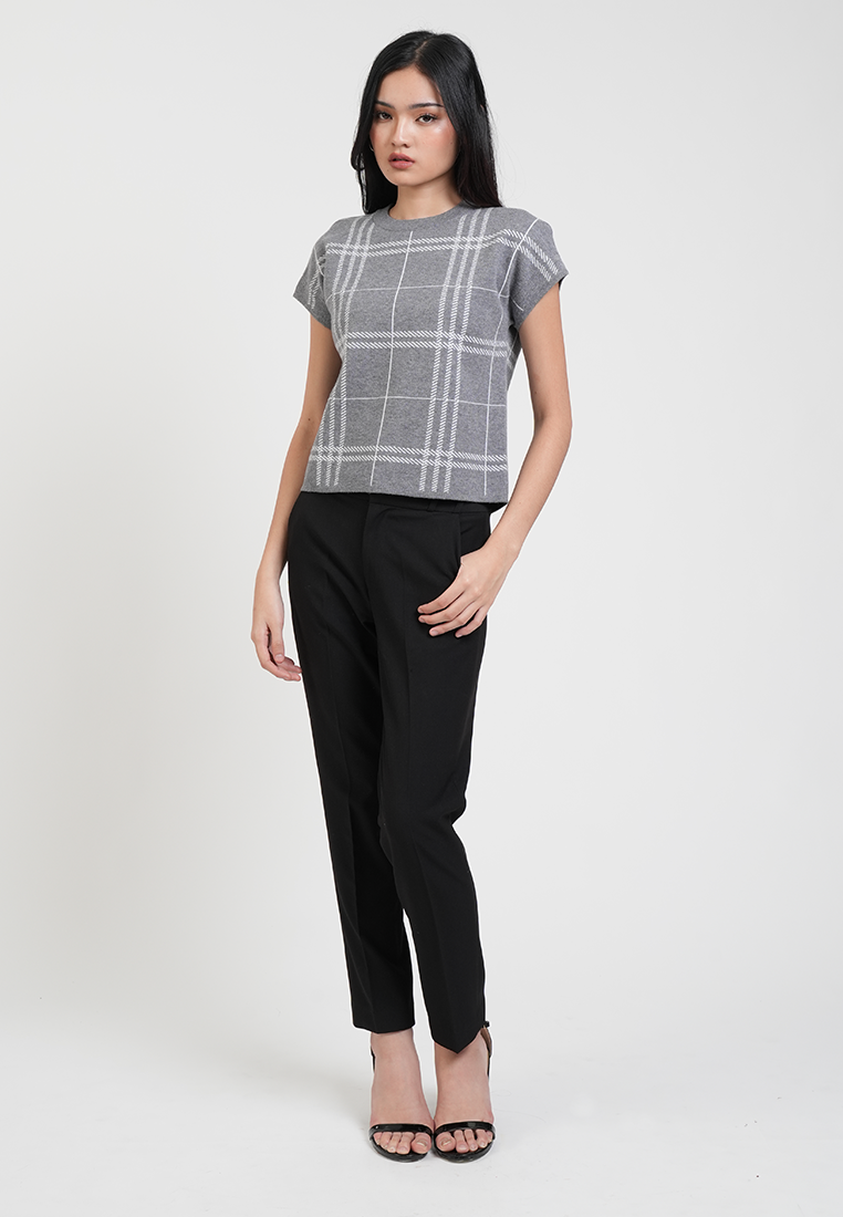 Leonora Round Neck Plaid Knit Boxy Top