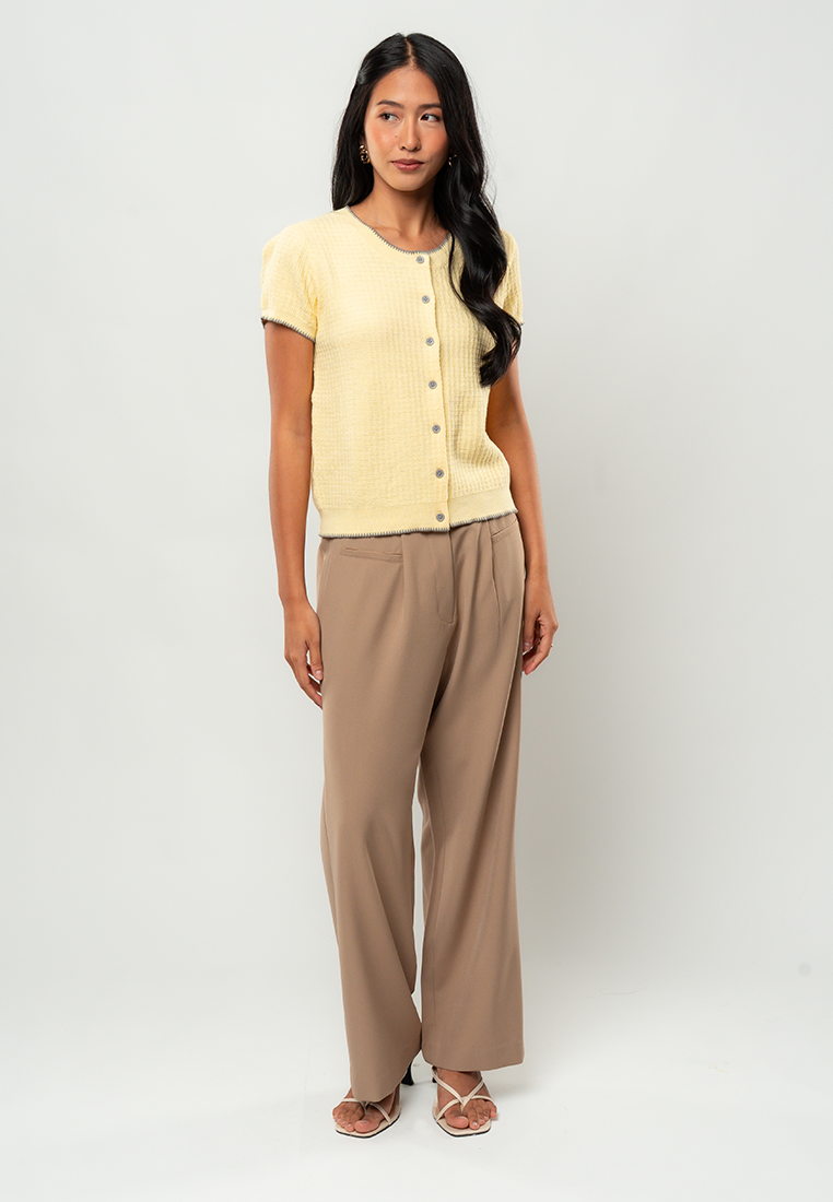 Elena Short-Sleeve Button-Front Knit Cardigan with Contrast Trim
