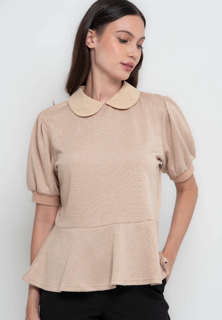 Marie Geometric Patterned Peplum Collared T-Shirt Blouse