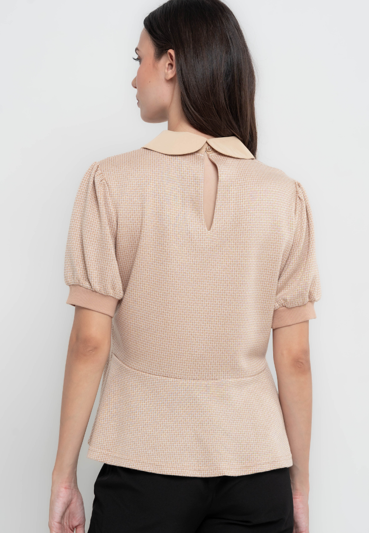 Marie Geometric Patterned Peplum Collared T-Shirt Blouse