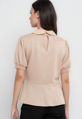 Marie Geometric Patterned Peplum Collared T-Shirt Blouse