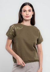 Kathleen Textured Knit Blouse with Broderie Shoulder Detail-