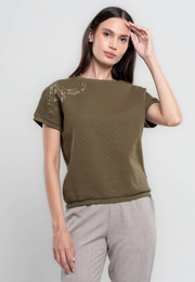 Kathleen Textured Knit Blouse with Broderie Shoulder Detail-