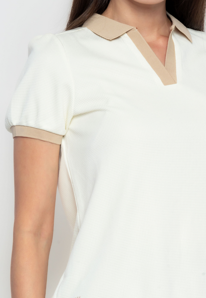 Karelle Contrast Ribbing Collar Top with Side Embroidery