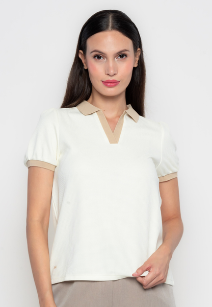 Karelle Contrast Ribbing Collar Top with Side Embroidery