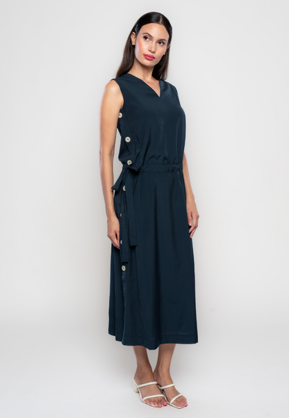 Teagan Sleeveless Dress with Belt and Side Button Details