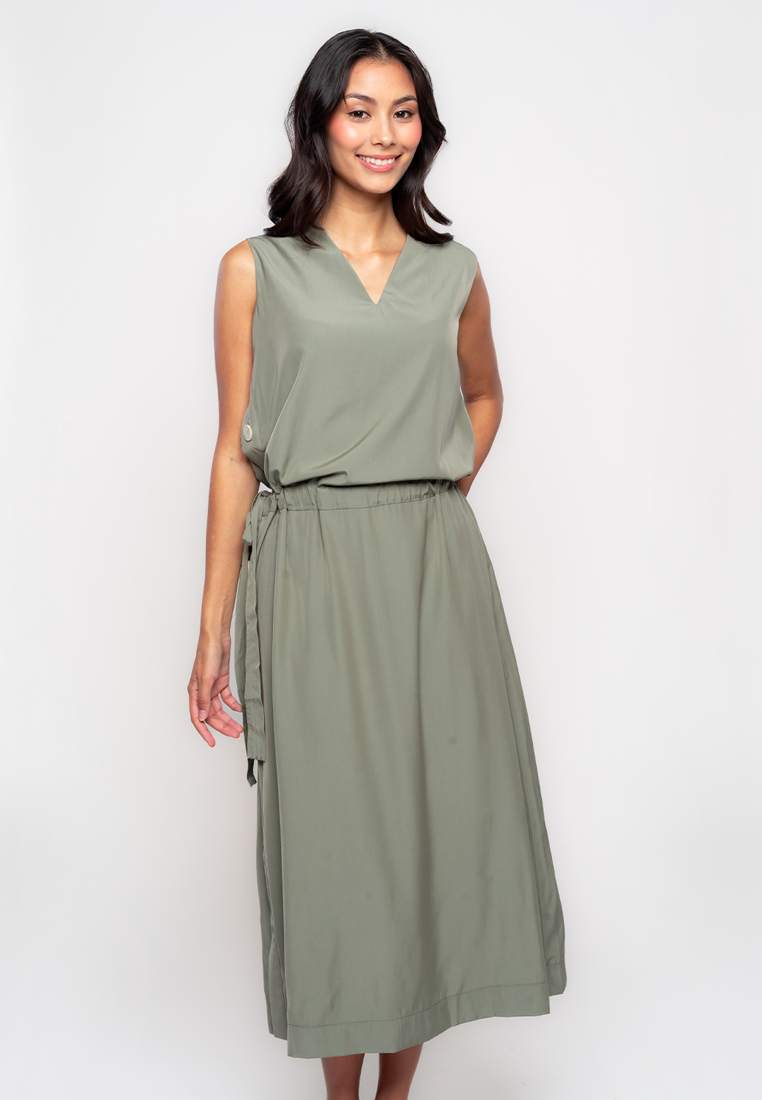 Teagan Sleeveless Dress with Belt and Side Button Details