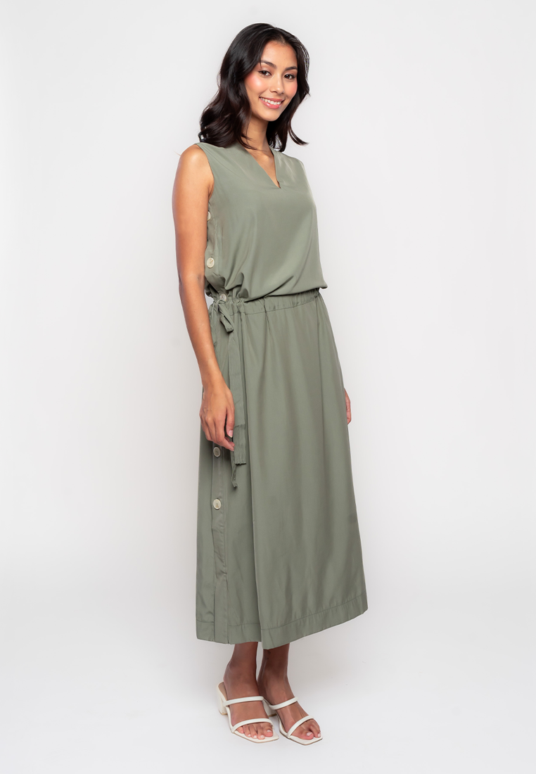 Teagan Sleeveless Dress with Belt and Side Button Details