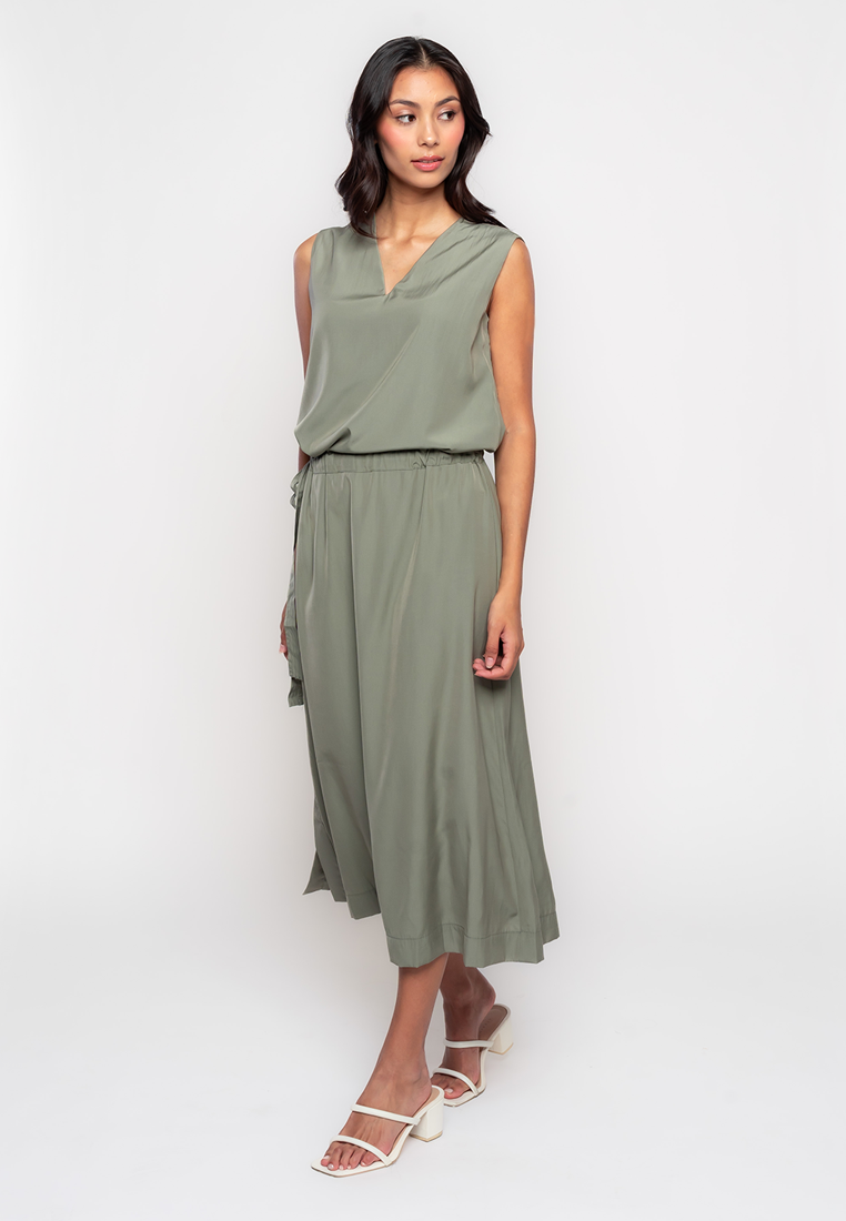 Teagan Sleeveless Dress with Belt and Side Button Details