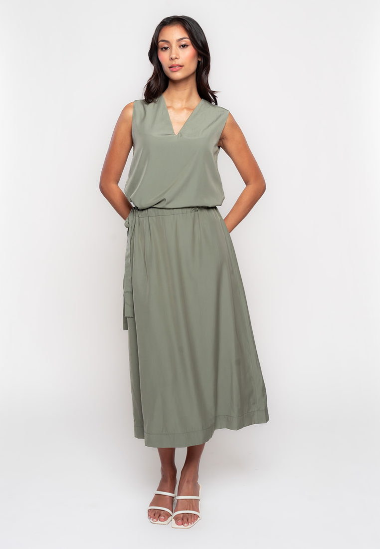 Teagan Sleeveless Dress with Belt and Side Button Details