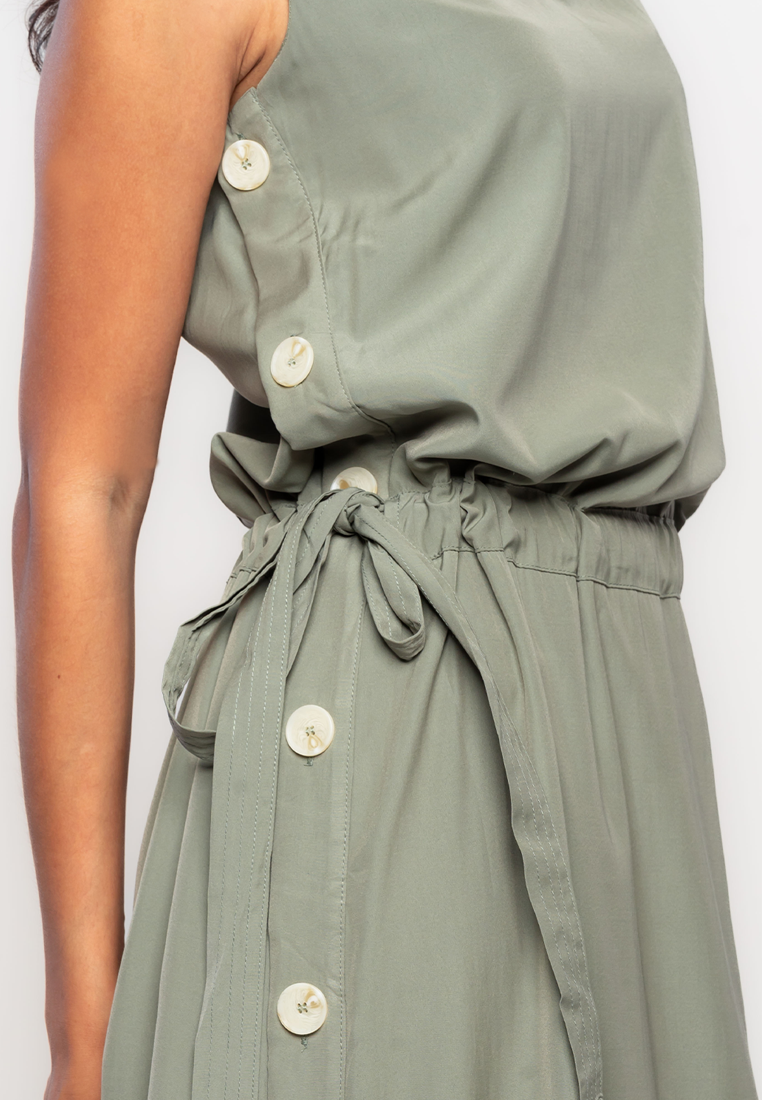 Teagan Sleeveless Dress with Belt and Side Button Details