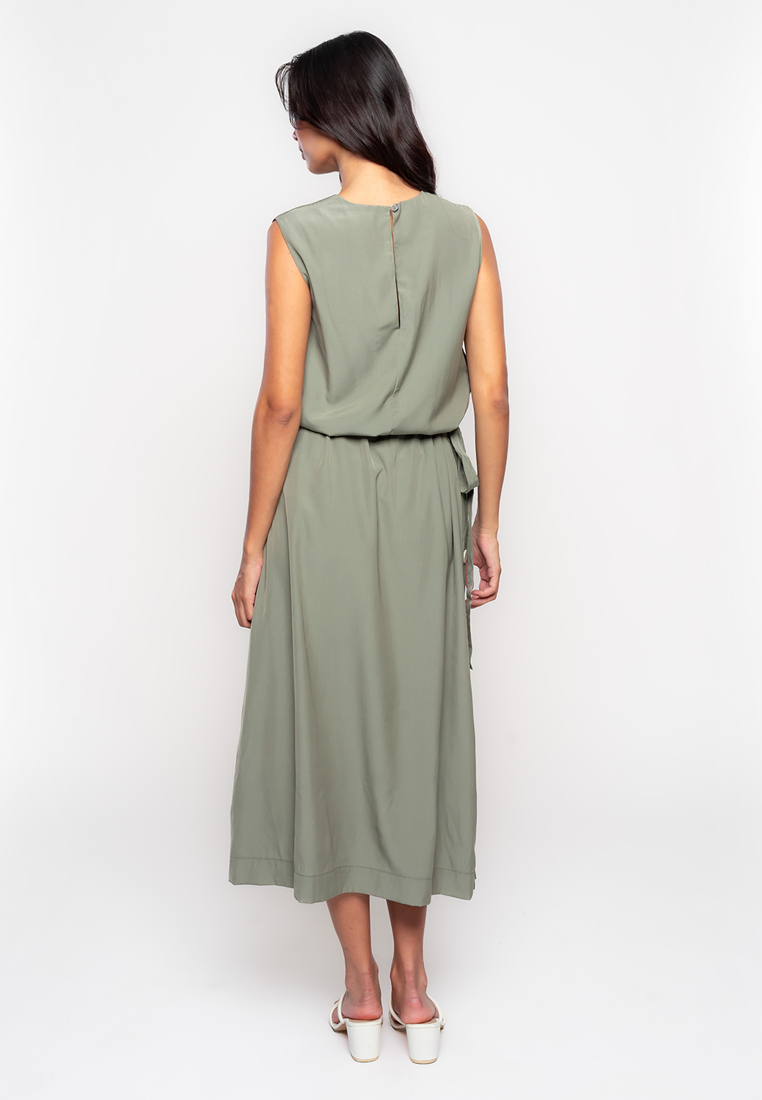 Teagan Sleeveless Dress with Belt and Side Button Details