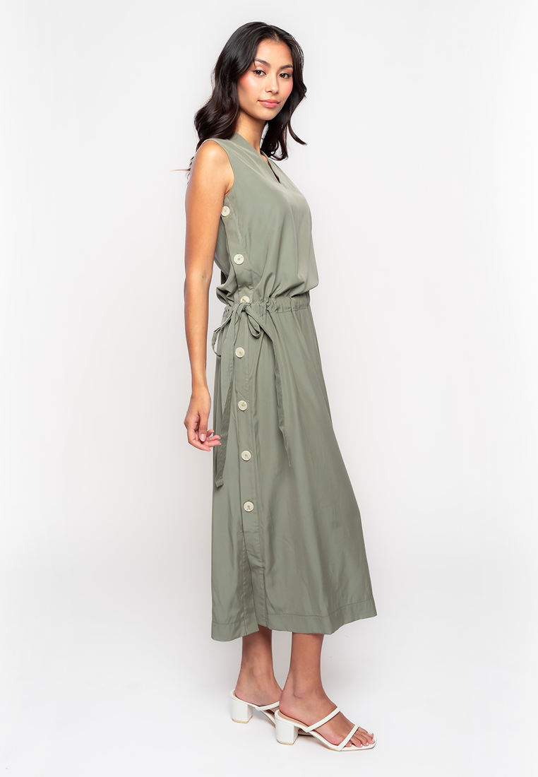 Teagan Sleeveless Dress with Belt and Side Button Details