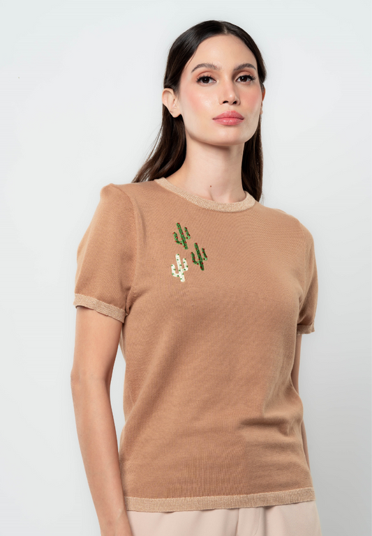 Cathy Cactus Embroidered Flat Knit Top