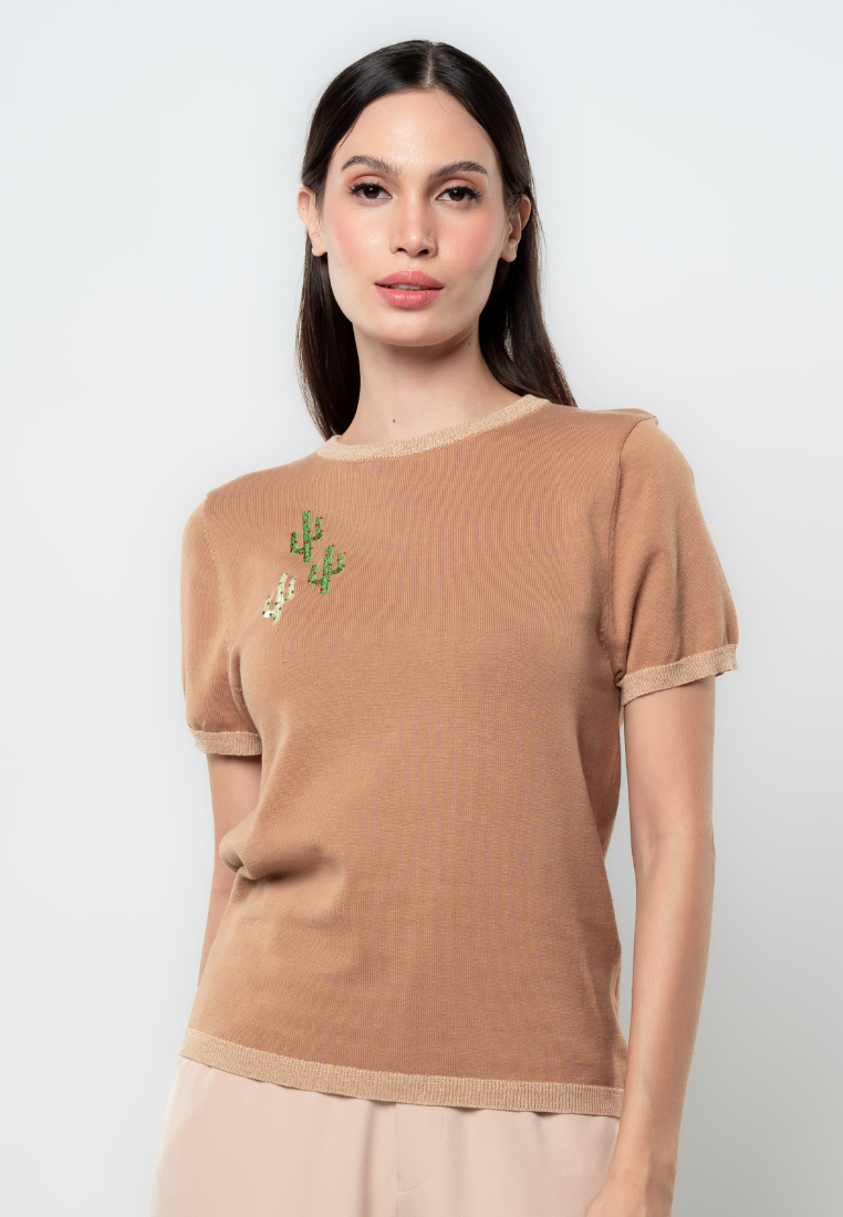 Cathy Cactus Embroidered Flat Knit Top