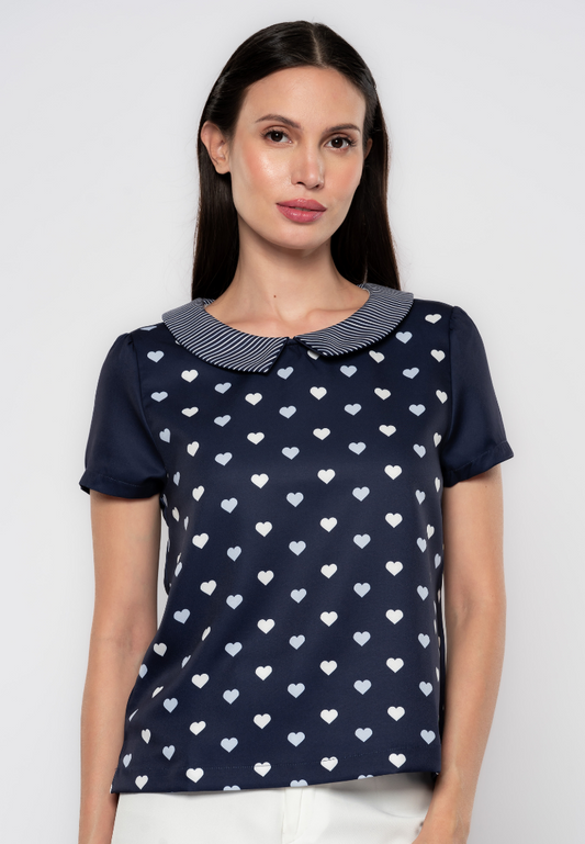 Nixi Heart & Stripes Printed Collared Blouse