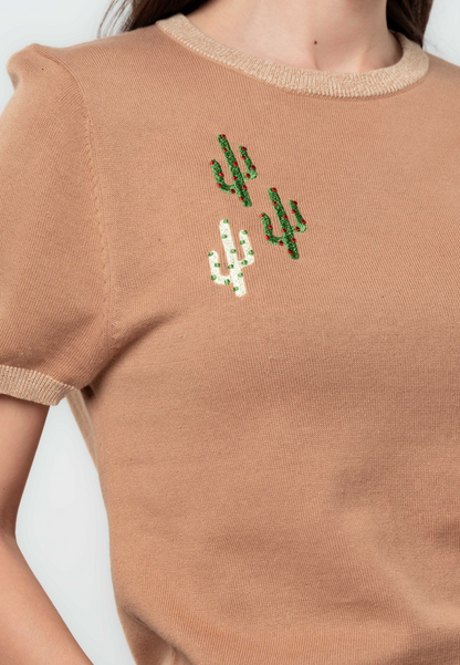 Cathy Cactus Embroidered Flat Knit Top