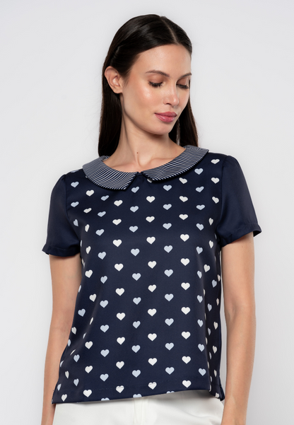 Nixi Heart & Stripes Printed Collared Blouse