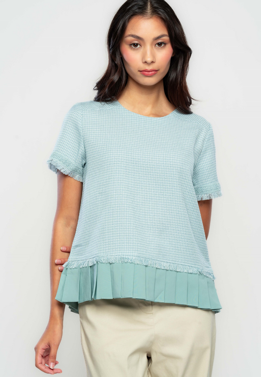 Mose Tweed Blouse with Fringe and Pleated Hem