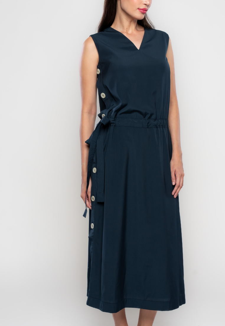 Teagan Sleeveless Dress with Belt and Side Button Details