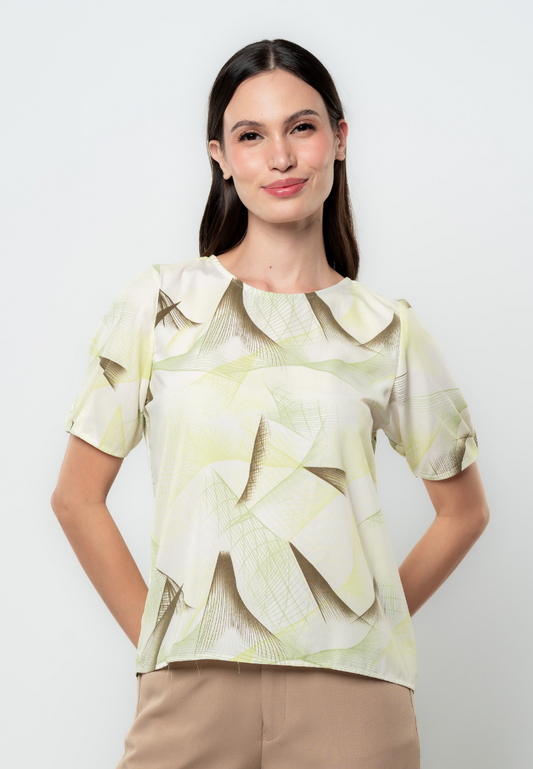 Linnea Abstract Print Puff Pleated Sleeve Top