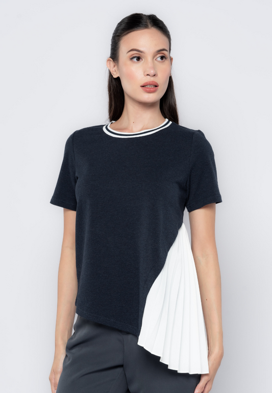 Asymmetric Pleated Side Detail Textured Knit Top