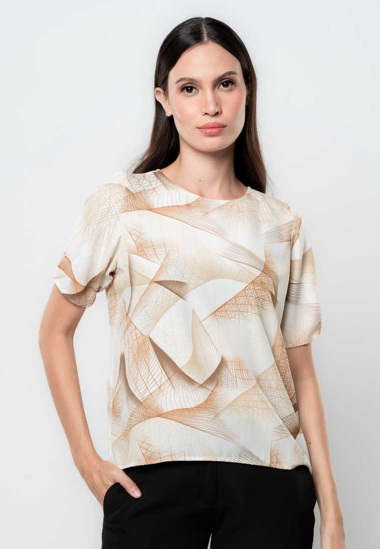 Linnea Abstract Print Puff Pleated Sleeve Top