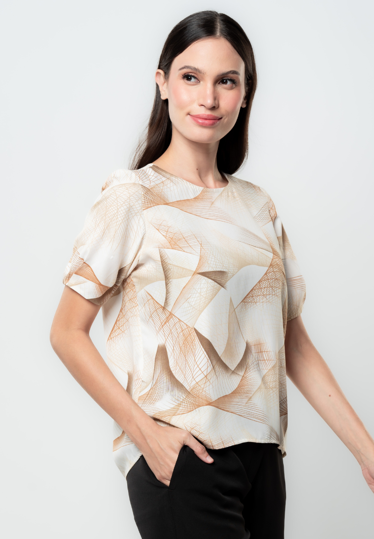 Linnea Abstract Print Puff Pleated Sleeve Top