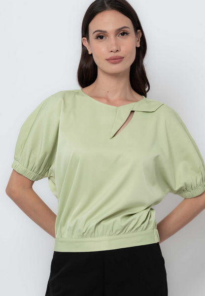 Banded Puff Sleeve Blouse with Origami Keyhole Detail