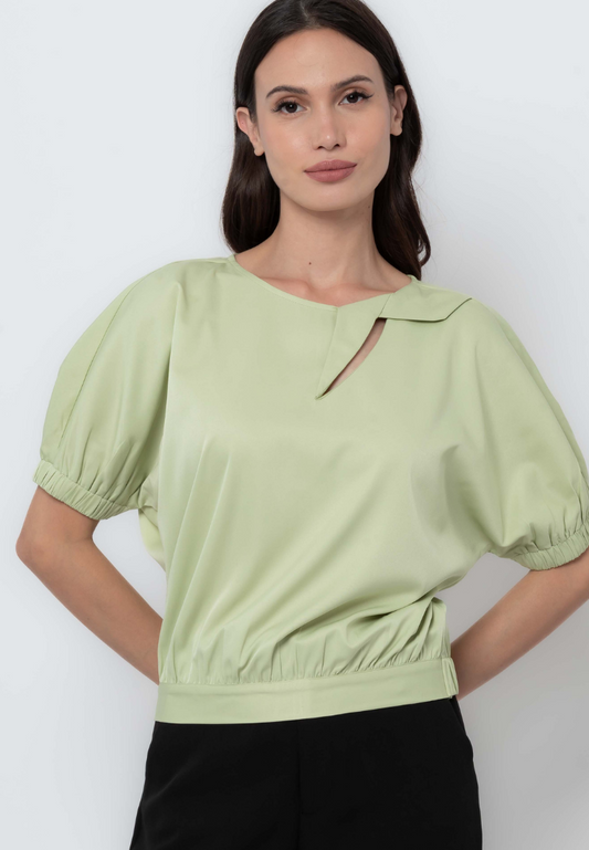 Banded Puff Sleeve Blouse with Origami Keyhole Detail