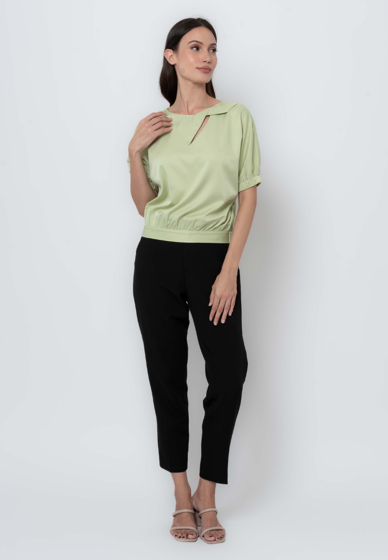 Banded Puff Sleeve Blouse with Origami Keyhole Detail