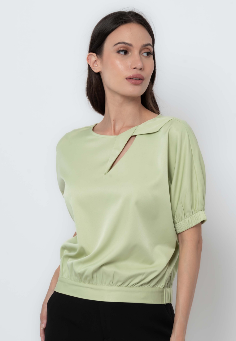 Banded Puff Sleeve Blouse with Origami Keyhole Detail