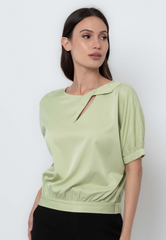 Banded Puff Sleeve Blouse with Origami Keyhole Detail