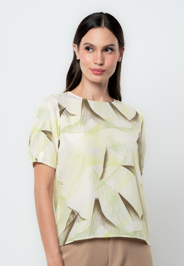 Linnea Abstract Print Puff Pleated Sleeve Top