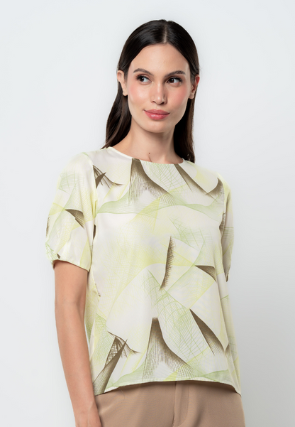 Linnea Abstract Print Puff Pleated Sleeve Top