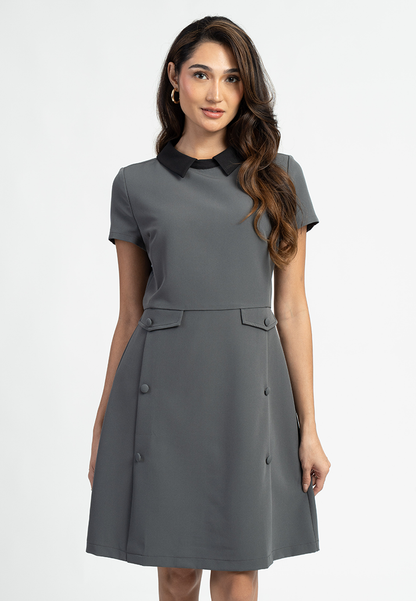 Ayla Short Sleeves Contrast Collar A-Line Midi Dress