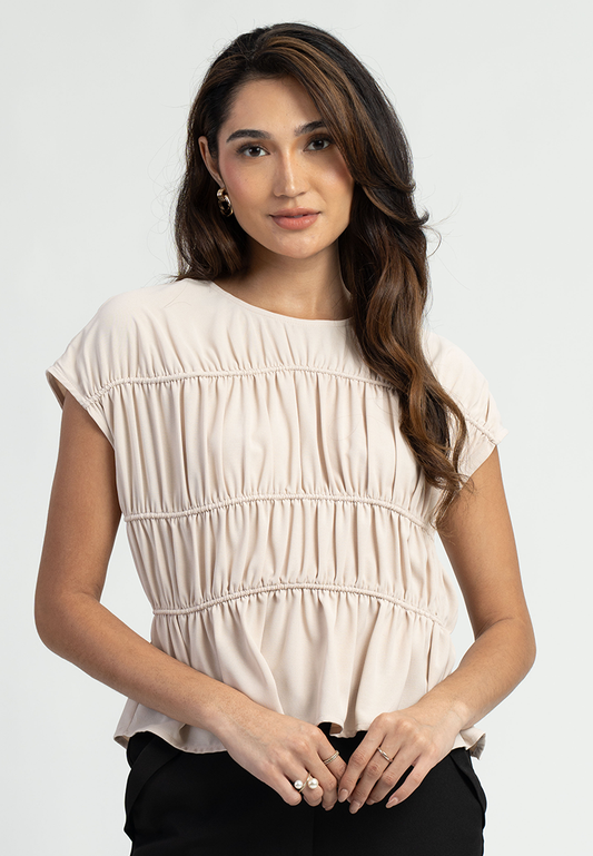 Liora Cap Sleeves Ruched Round Neck Peplum Top