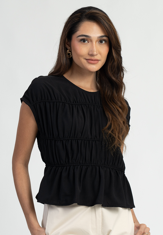 Liora Cap Sleeves Ruched Round Neck Peplum Top