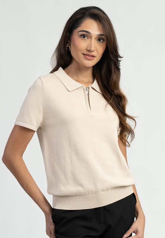 Elisse Collared Solid Knit Zip-Up Top