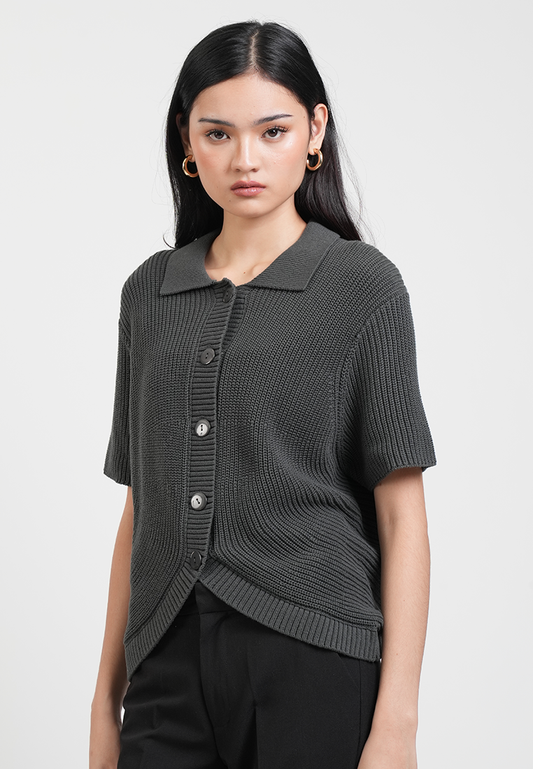 Estelle Collared Ribbed Knit Top with Curved Hem