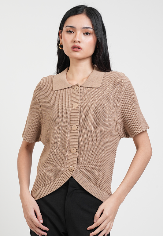 Estelle Collared Ribbed Knit Top with Curved Hem