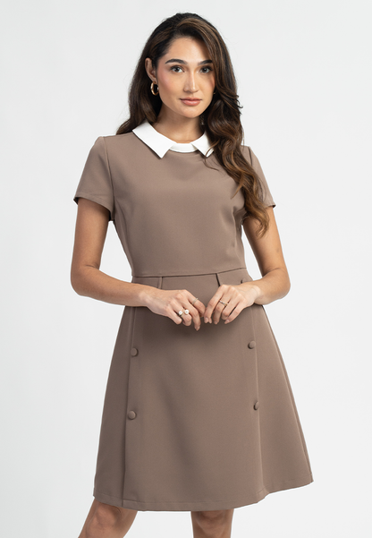 Ayla Short Sleeves Contrast Collar A-Line Midi Dress